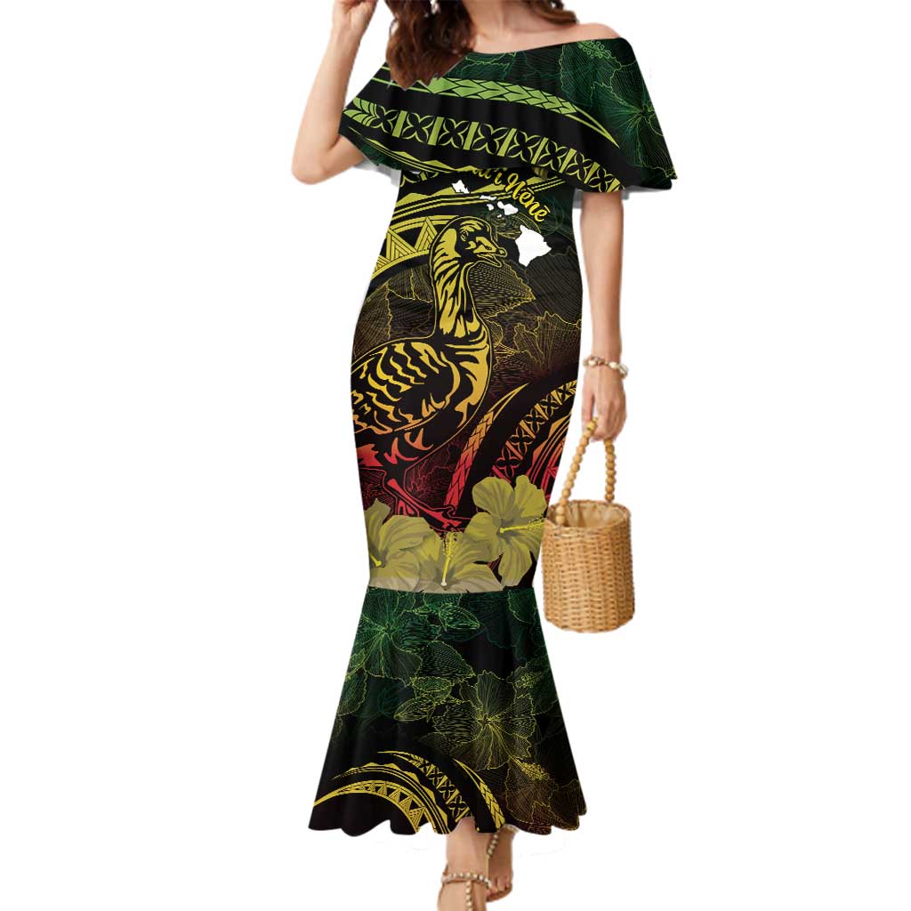 Personalised Hawaii Nene Goose Family Matching Mermaid Dress and Hawaiian Shirt Hawaiian Map Hibiscus Polynesian Art - Reggae Gradient