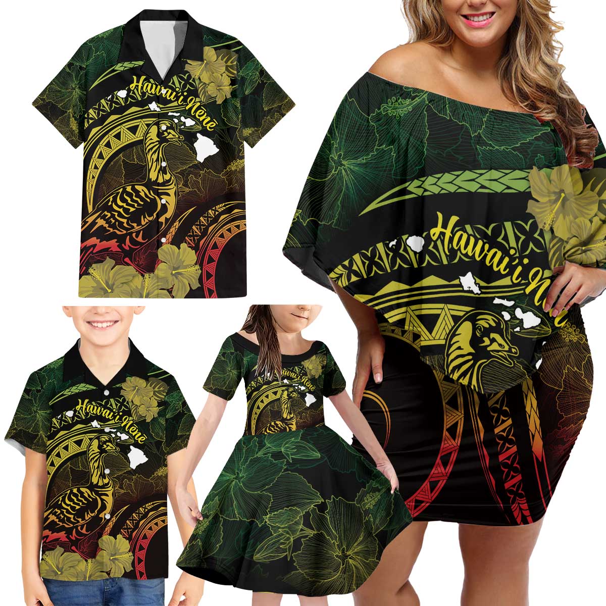 Personalised Hawaii Nene Goose Family Matching Off Shoulder Short Dress and Hawaiian Shirt Hawaiian Map Hibiscus Polynesian Art - Reggae Gradient LT14 - Polynesian Pride