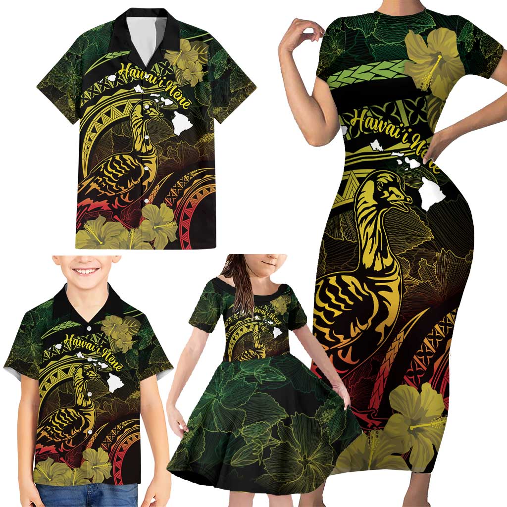 Personalised Hawaii Nene Goose Family Matching Short Sleeve Bodycon Dress and Hawaiian Shirt Hawaiian Map Hibiscus Polynesian Art - Reggae Gradient LT14 - Polynesian Pride