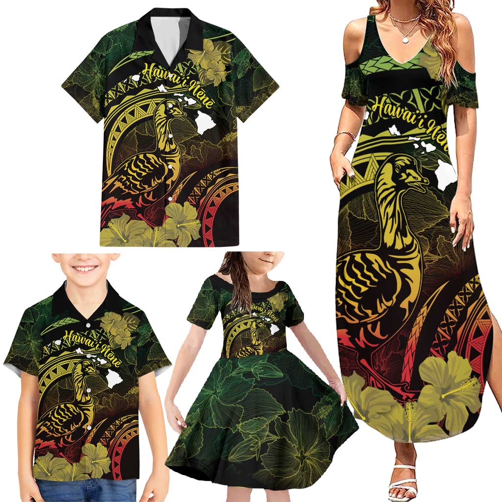 Personalised Hawaii Nene Goose Family Matching Summer Maxi Dress and Hawaiian Shirt Hawaiian Map Hibiscus Polynesian Art - Reggae Gradient LT14 - Polynesian Pride