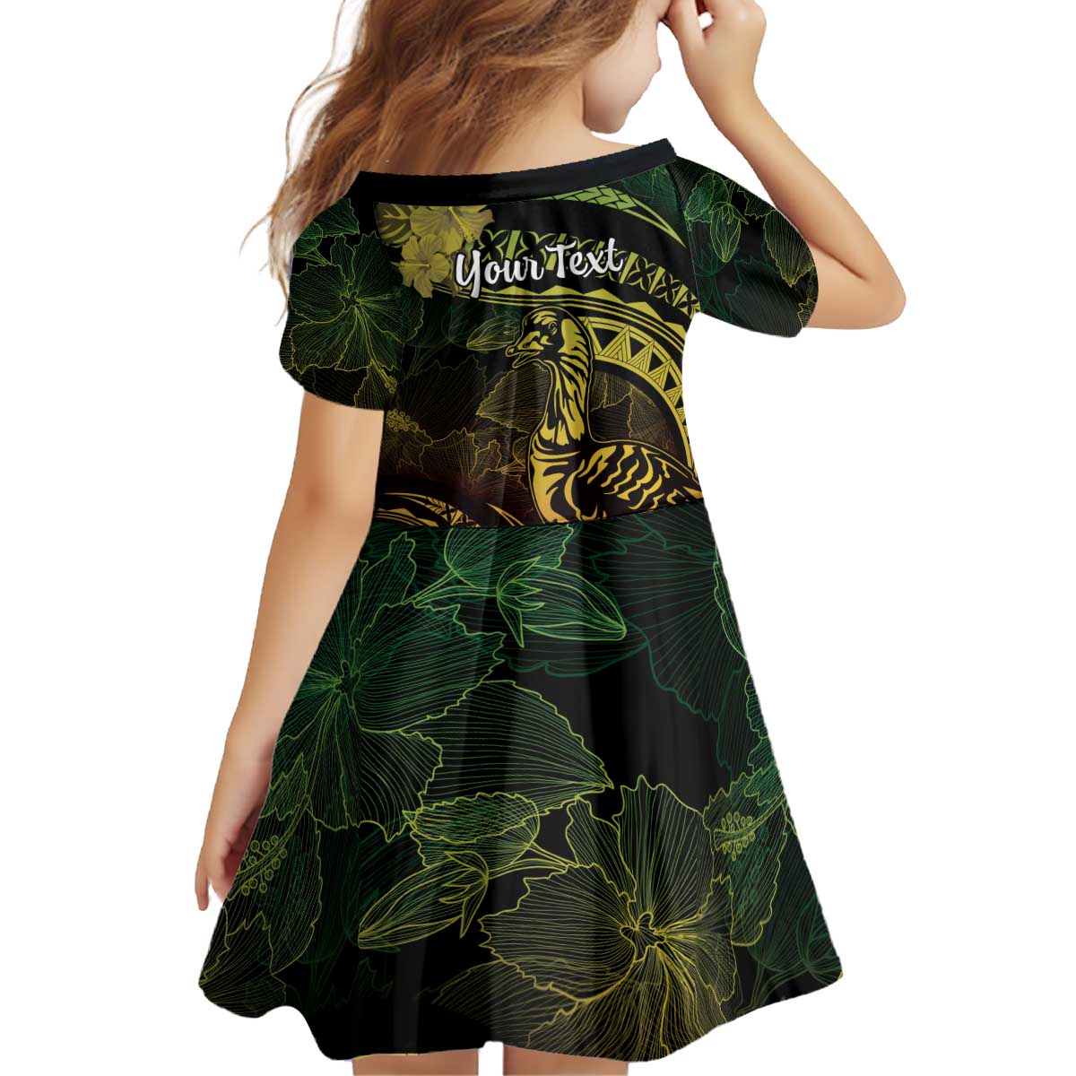 Personalised Hawaii Nene Goose Kid Short Sleeve Dress Hawaiian Map Hibiscus Polynesian Art - Reggae Gradient