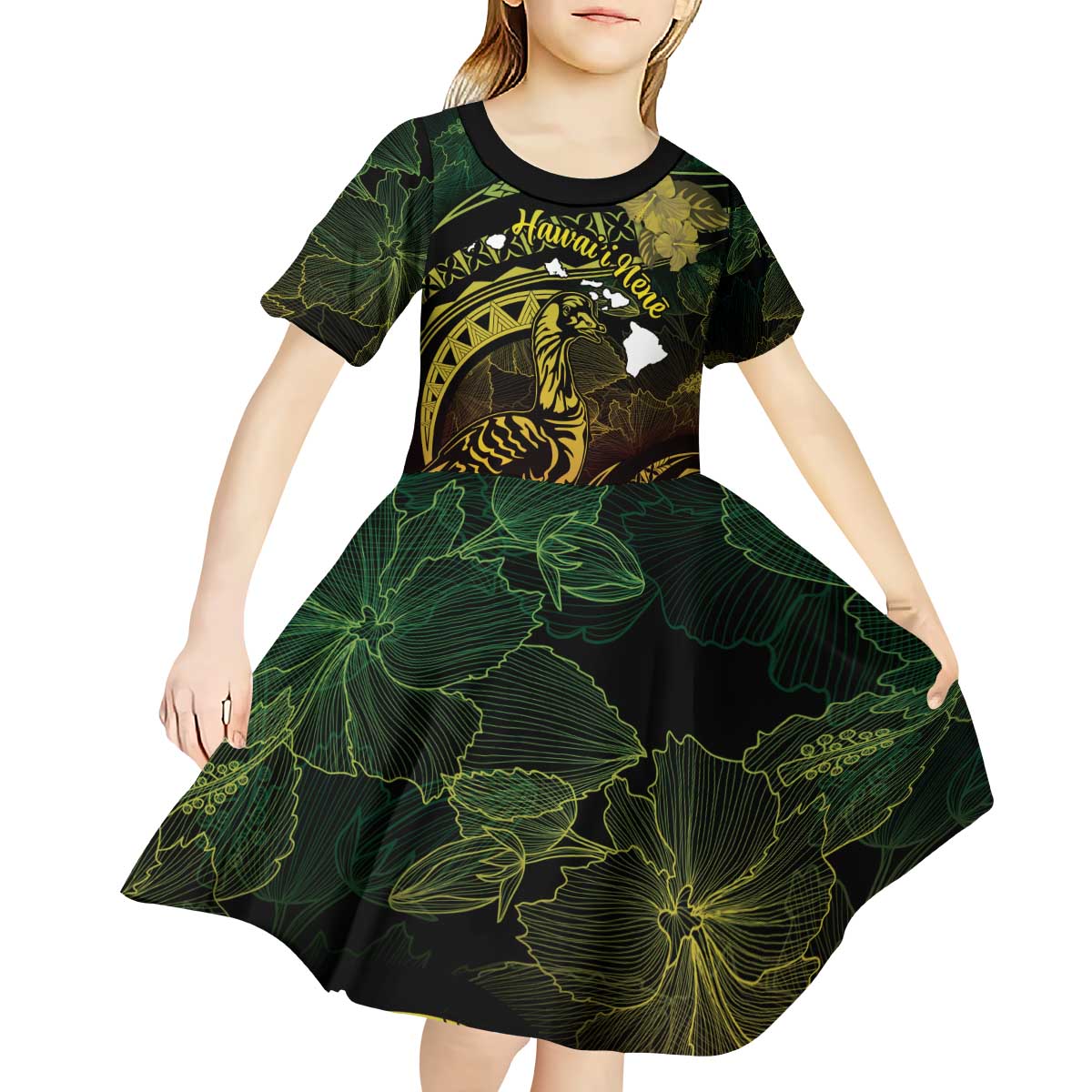 Personalised Hawaii Nene Goose Kid Short Sleeve Dress Hawaiian Map Hibiscus Polynesian Art - Reggae Gradient