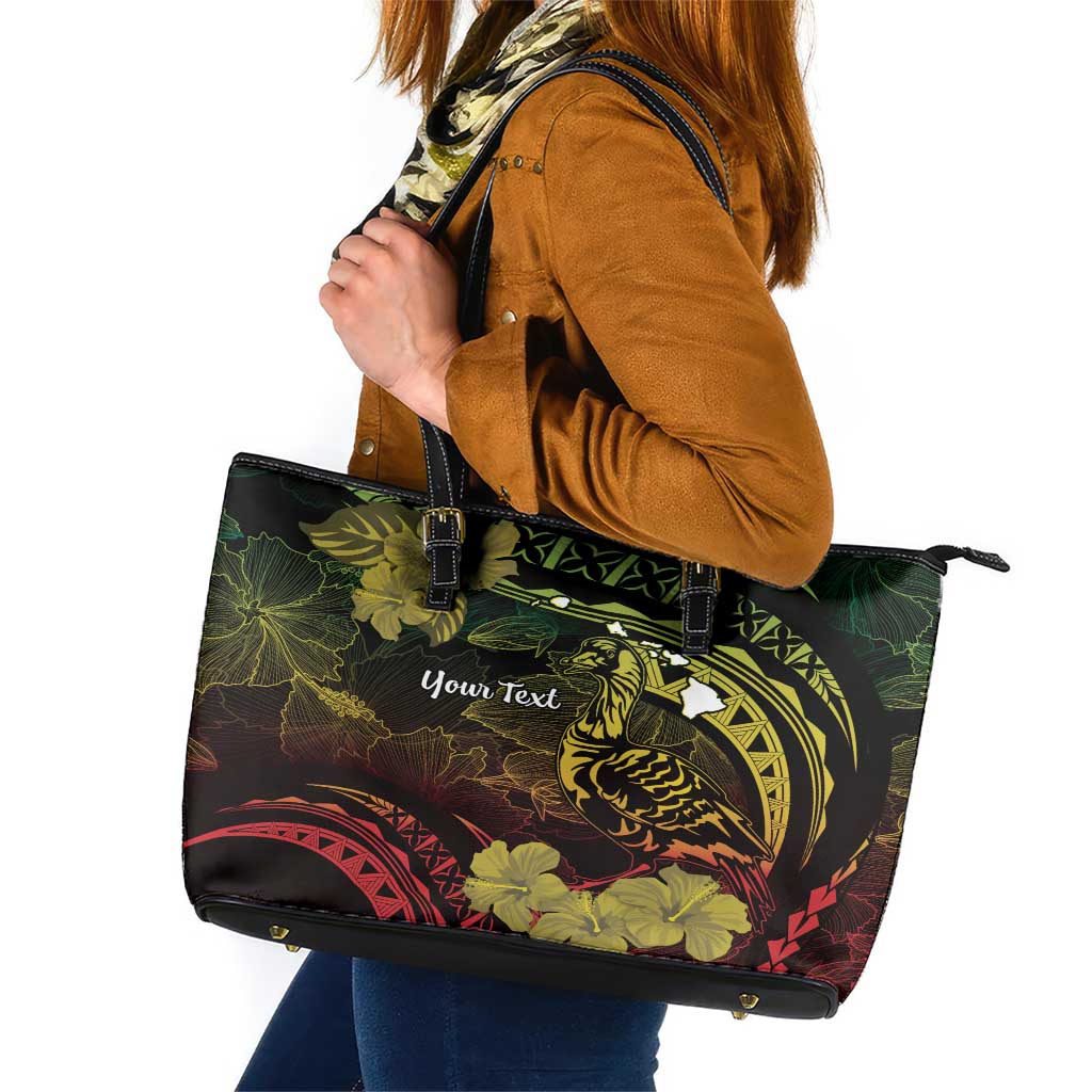 Personalised Hawaii Nene Goose Leather Tote Bag Hawaiian Map Hibiscus Polynesian Art - Reggae Gradient LT14 Reggae - Polynesian Pride