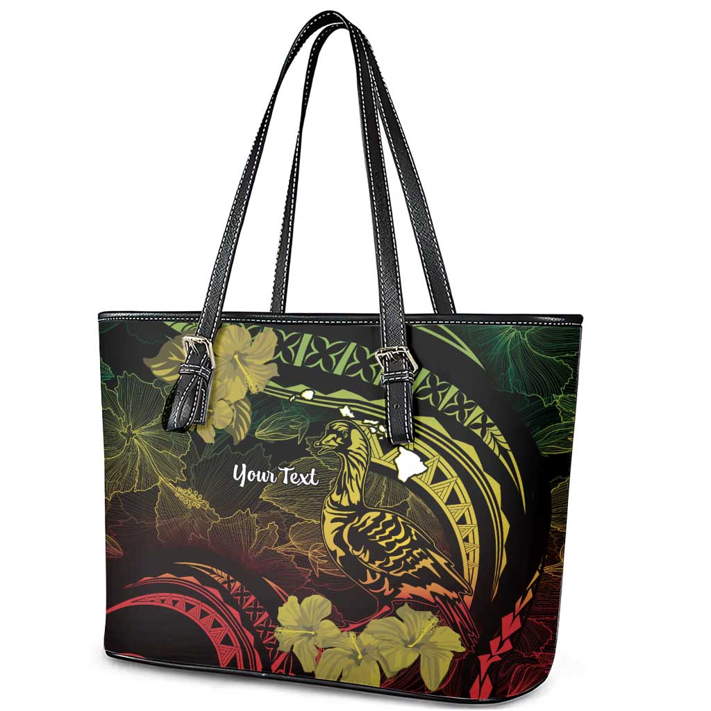 Personalised Hawaii Nene Goose Leather Tote Bag Hawaiian Map Hibiscus Polynesian Art - Reggae Gradient