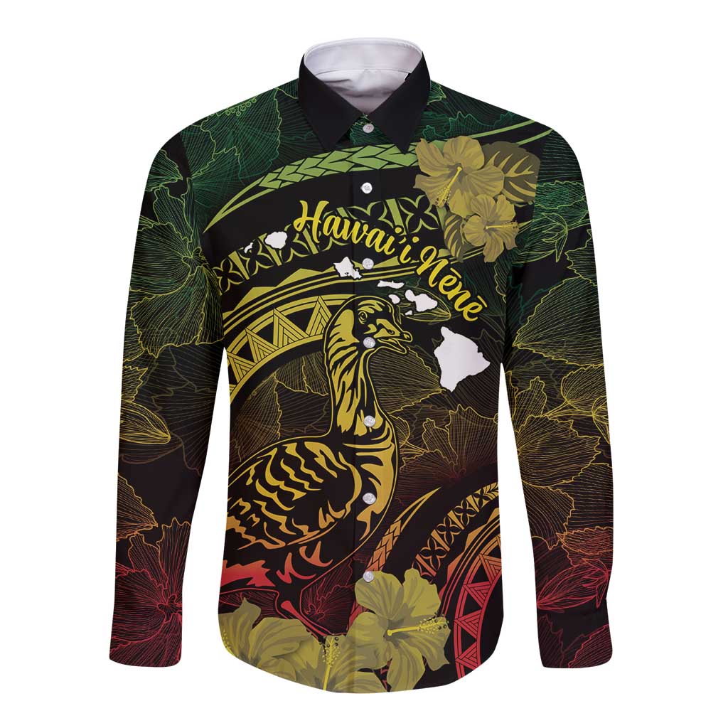 Personalised Hawaii Nene Goose Long Sleeve Button Shirt Hawaiian Map Hibiscus Polynesian Art - Reggae Gradient LT14 Unisex Reggae - Polynesian Pride