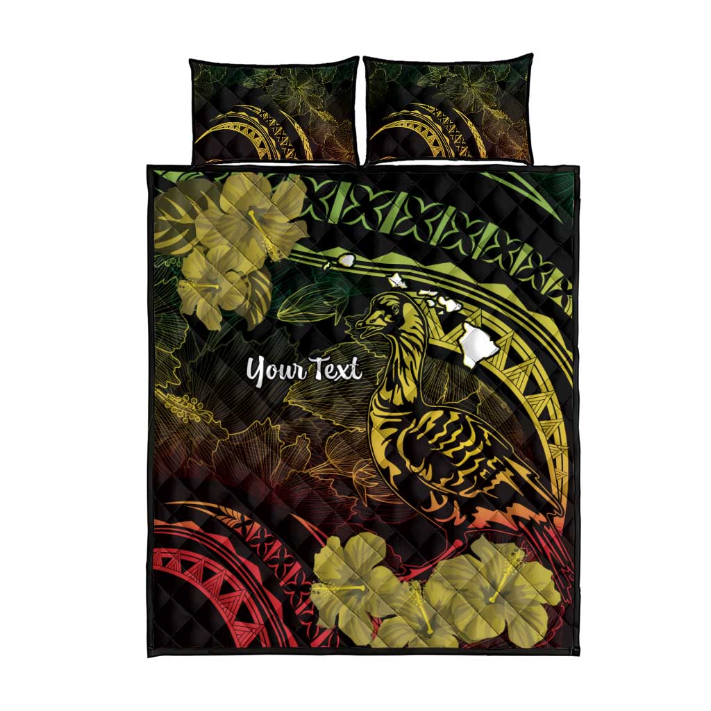 Personalised Hawaii Nene Goose Quilt Bed Set Hawaiian Map Hibiscus Polynesian Art - Reggae Gradient