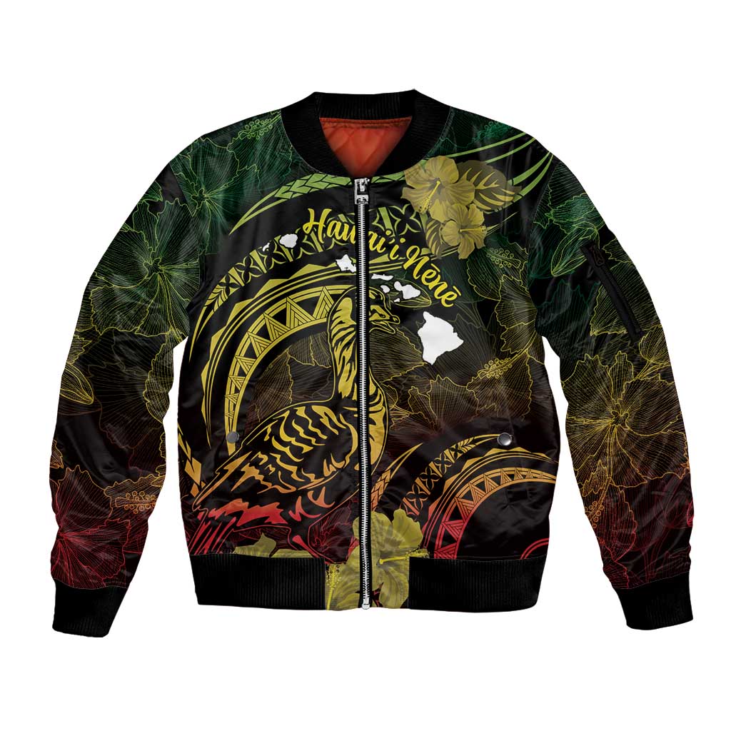 Personalised Hawaii Nene Goose Sleeve Zip Bomber Jacket Hawaiian Map Hibiscus Polynesian Art - Reggae Gradient LT14 Unisex Reggae - Polynesian Pride