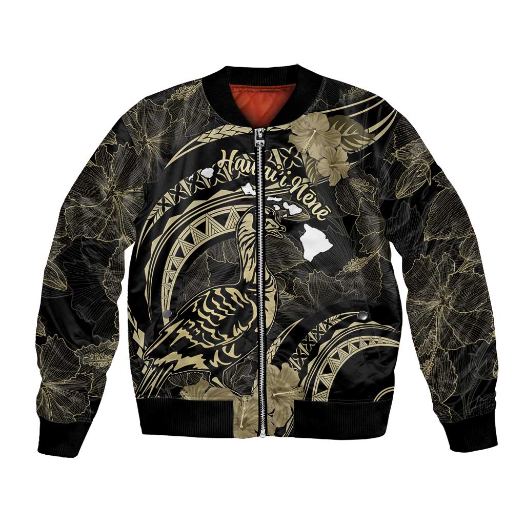 Personalised Hawaii Nene Goose Bomber Jacket Hawaiian Map Hibiscus Polynesian Art - Beige LT14 Unisex Beige - Polynesian Pride