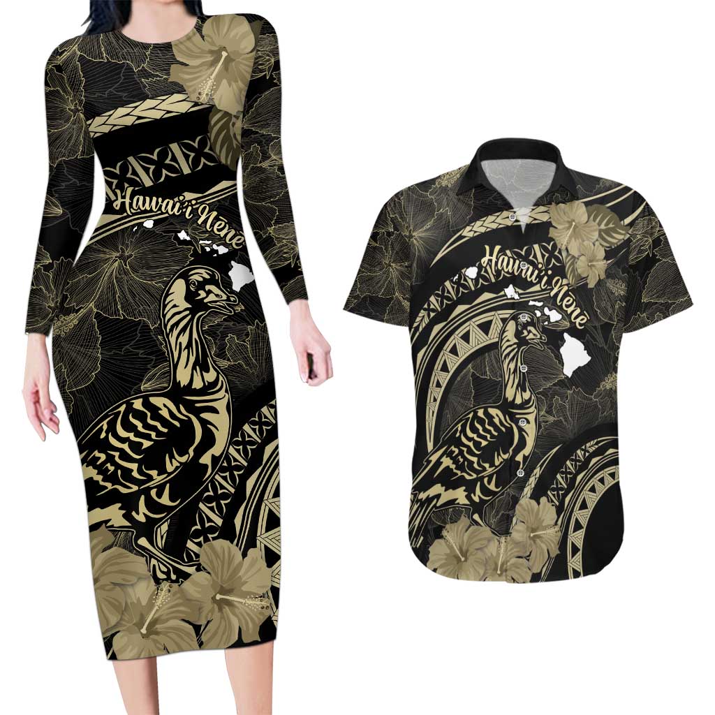 Personalised Hawaii Nene Goose Couples Matching Long Sleeve Bodycon Dress and Hawaiian Shirt Hawaiian Map Hibiscus Polynesian Art - Beige LT14 Beige - Polynesian Pride