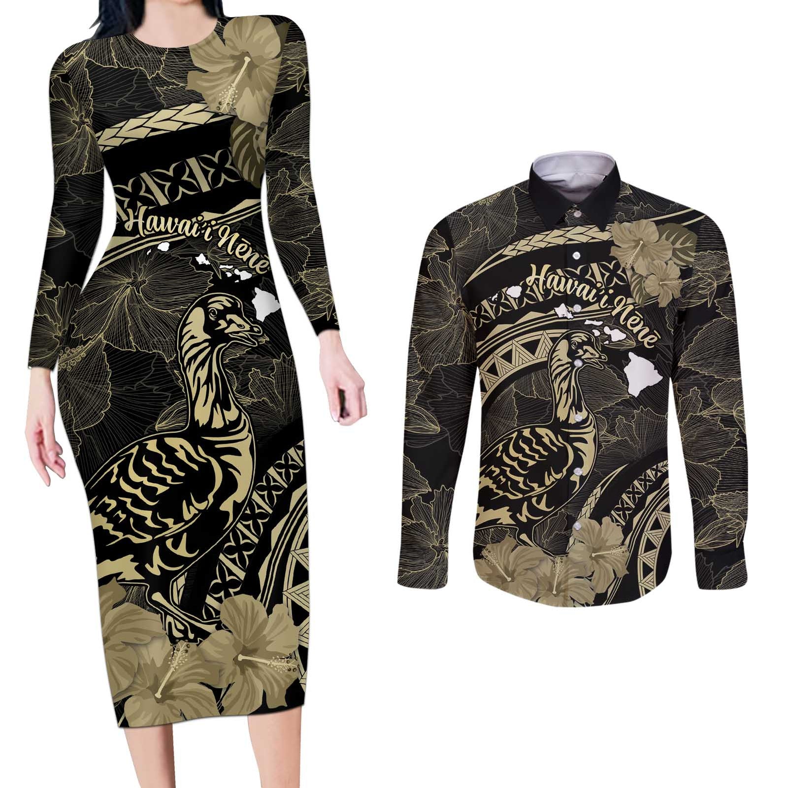 Personalised Hawaii Nene Goose Couples Matching Long Sleeve Bodycon Dress and Long Sleeve Button Shirt Hawaiian Map Hibiscus Polynesian Art - Beige LT14 Beige - Polynesian Pride