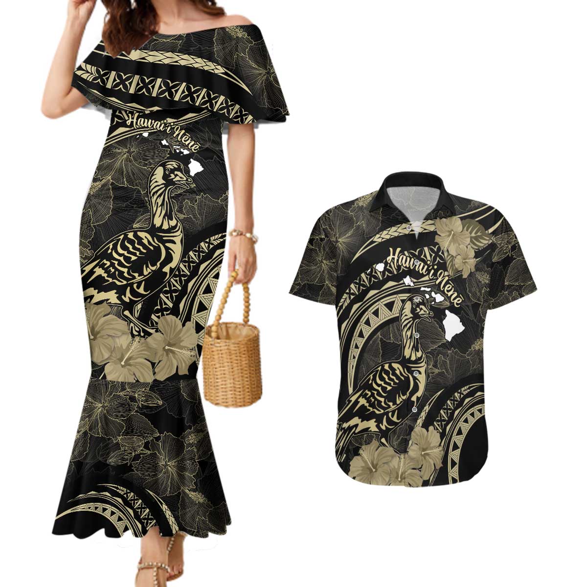 Personalised Hawaii Nene Goose Couples Matching Mermaid Dress and Hawaiian Shirt Hawaiian Map Hibiscus Polynesian Art - Beige LT14 Beige - Polynesian Pride