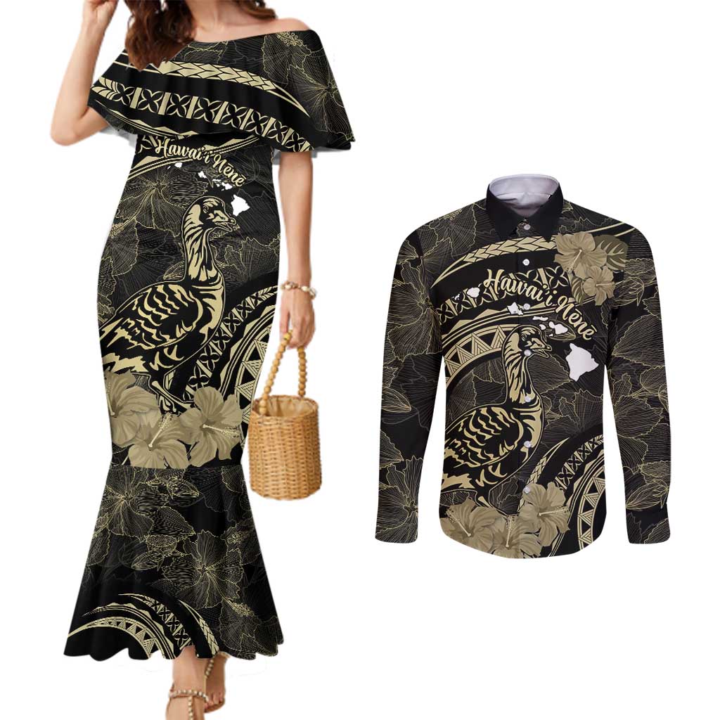 Personalised Hawaii Nene Goose Couples Matching Mermaid Dress and Long Sleeve Button Shirt Hawaiian Map Hibiscus Polynesian Art - Beige LT14 Beige - Polynesian Pride