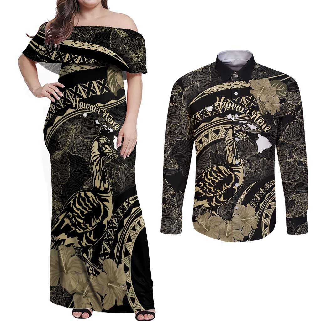 Personalised Hawaii Nene Goose Couples Matching Off Shoulder Maxi Dress and Long Sleeve Button Shirt Hawaiian Map Hibiscus Polynesian Art - Beige LT14 Beige - Polynesian Pride
