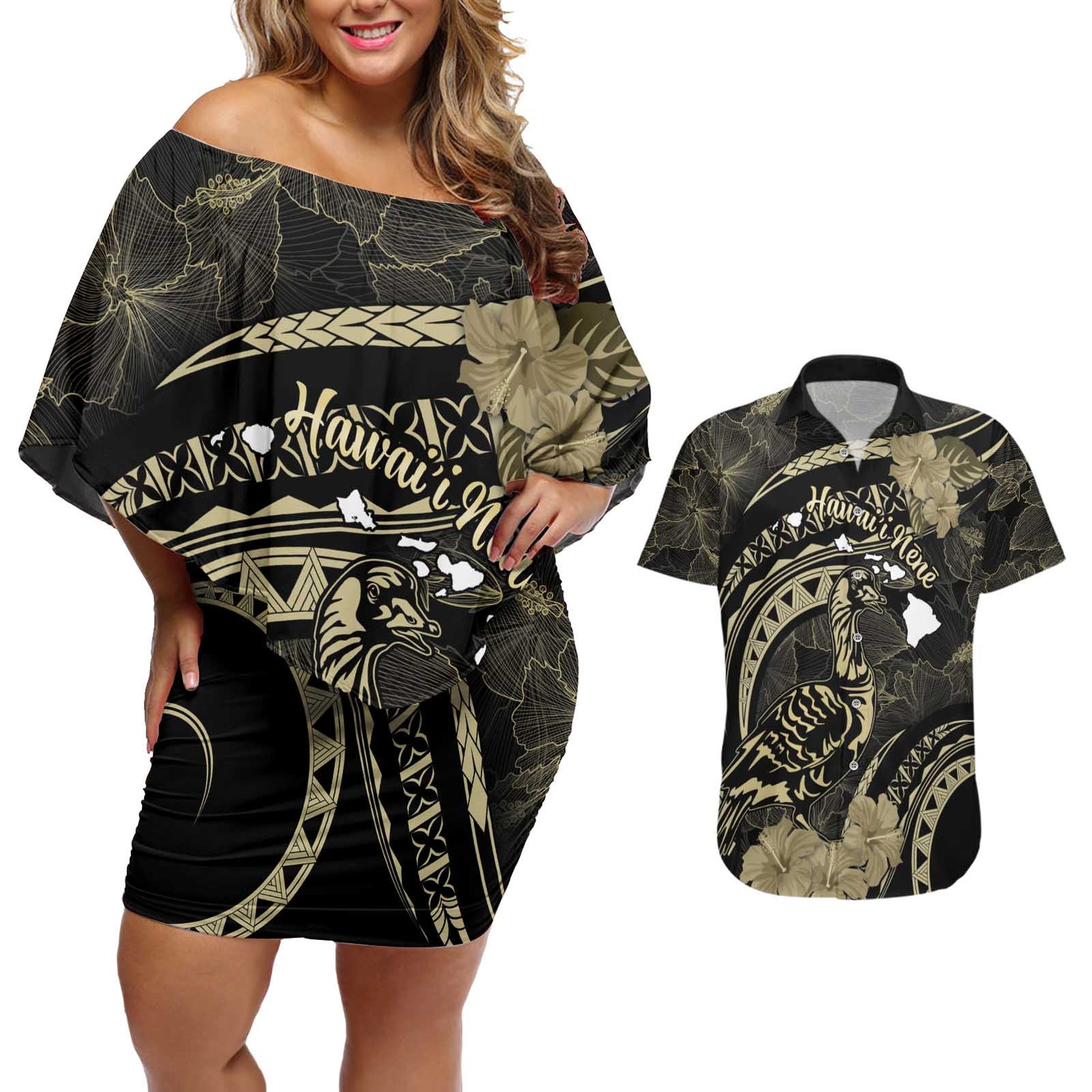 Personalised Hawaii Nene Goose Couples Matching Off Shoulder Short Dress and Hawaiian Shirt Hawaiian Map Hibiscus Polynesian Art - Beige LT14 Beige - Polynesian Pride