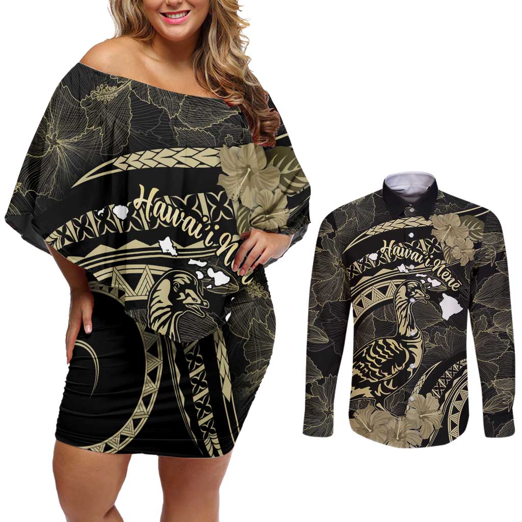 Personalised Hawaii Nene Goose Couples Matching Off Shoulder Short Dress and Long Sleeve Button Shirt Hawaiian Map Hibiscus Polynesian Art - Beige LT14 Beige - Polynesian Pride