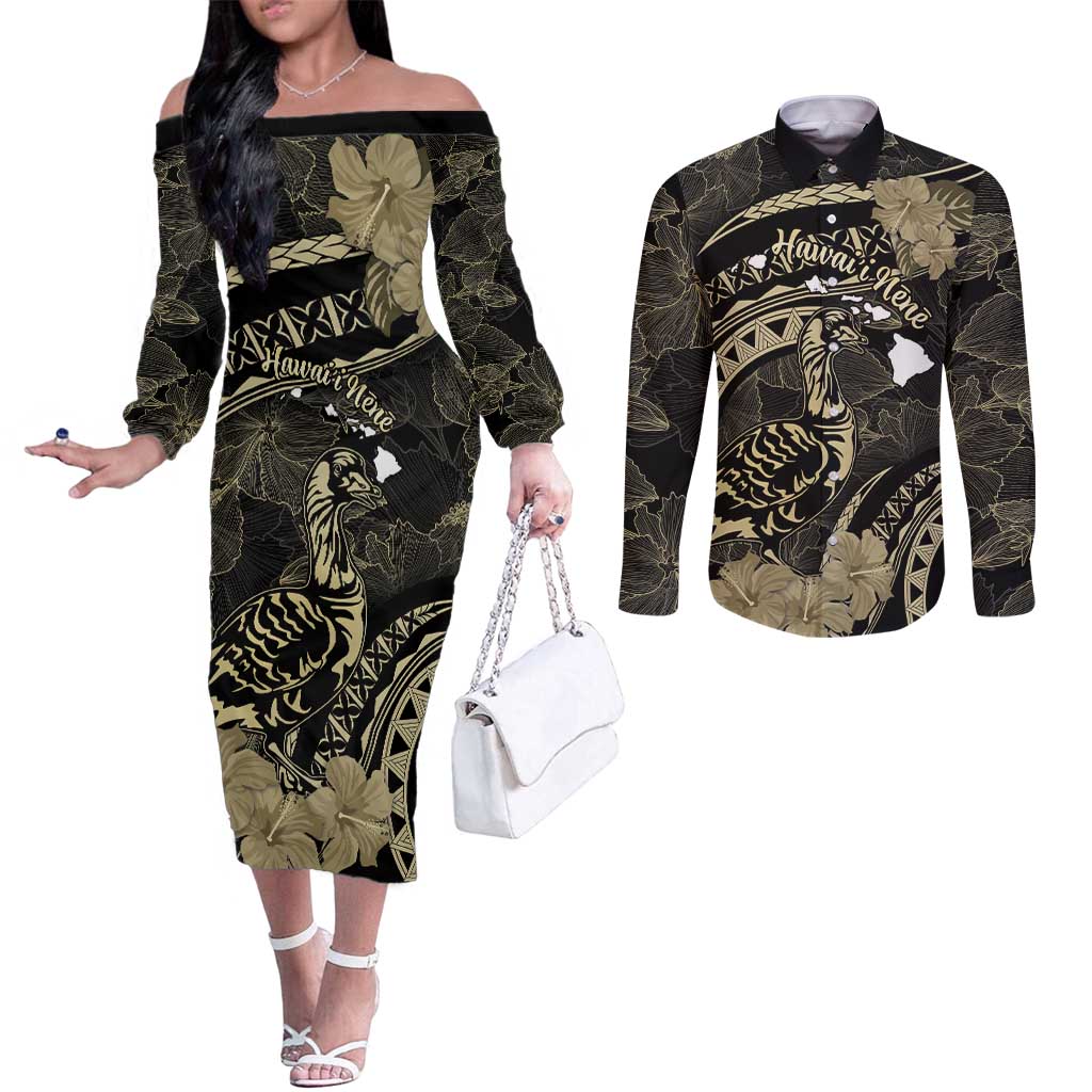 Personalised Hawaii Nene Goose Couples Matching Off The Shoulder Long Sleeve Dress and Long Sleeve Button Shirt Hawaiian Map Hibiscus Polynesian Art - Beige LT14 Beige - Polynesian Pride