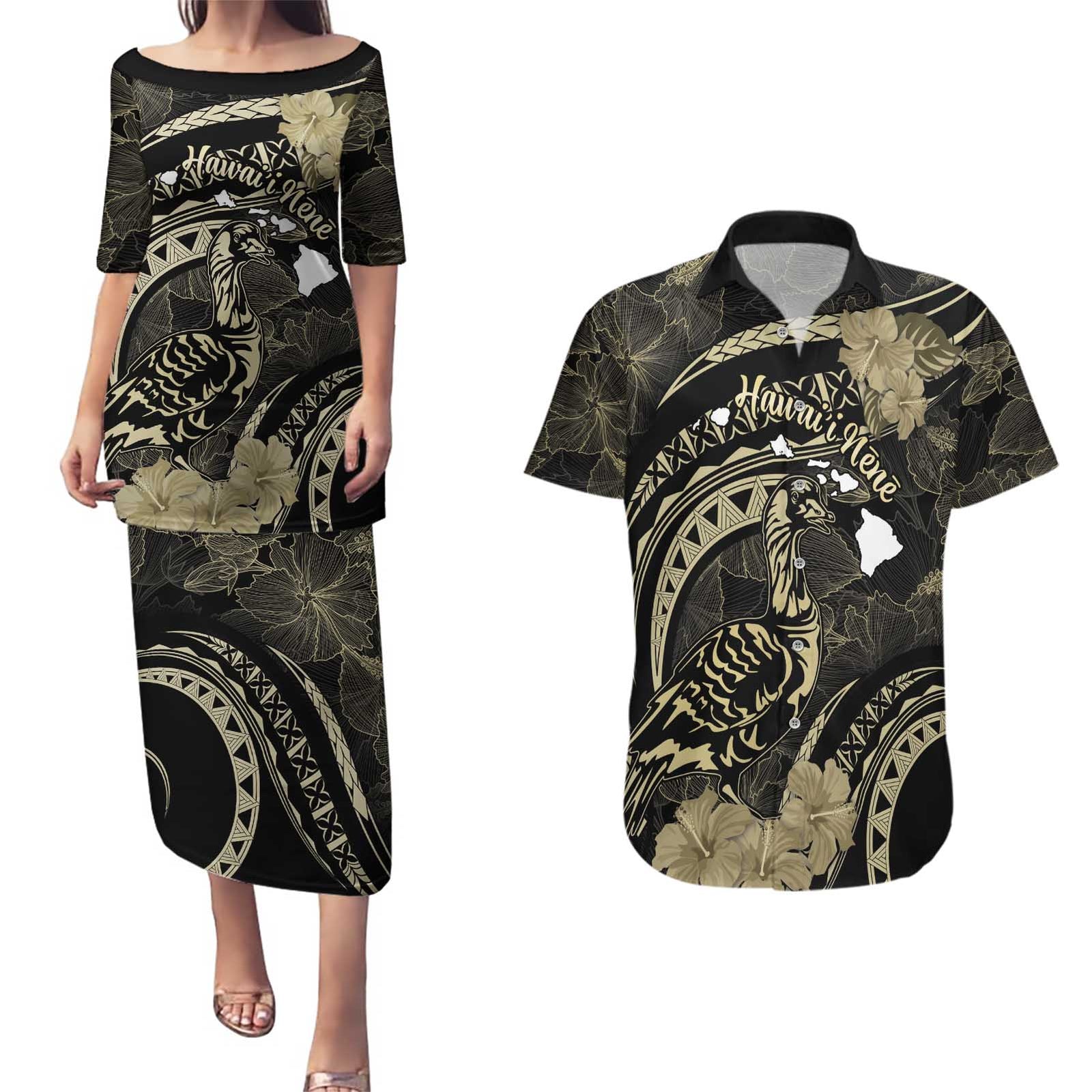 Personalised Hawaii Nene Goose Couples Matching Puletasi and Hawaiian Shirt Hawaiian Map Hibiscus Polynesian Art - Beige LT14 Beige - Polynesian Pride