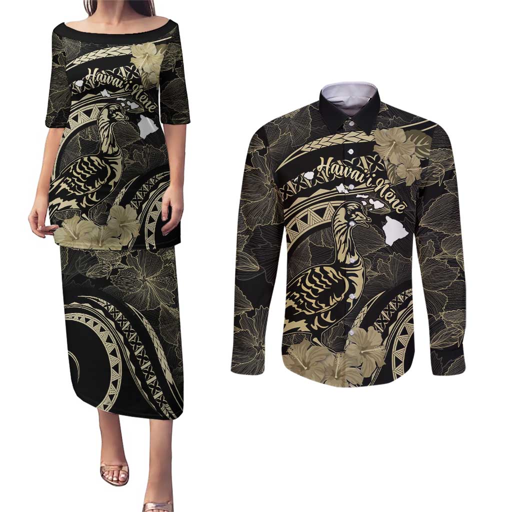 Personalised Hawaii Nene Goose Couples Matching Puletasi and Long Sleeve Button Shirt Hawaiian Map Hibiscus Polynesian Art - Beige LT14 Beige - Polynesian Pride