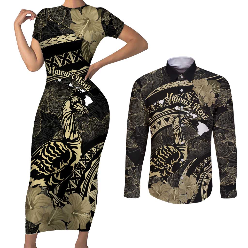 Personalised Hawaii Nene Goose Couples Matching Short Sleeve Bodycon Dress and Long Sleeve Button Shirt Hawaiian Map Hibiscus Polynesian Art - Beige LT14 Beige - Polynesian Pride