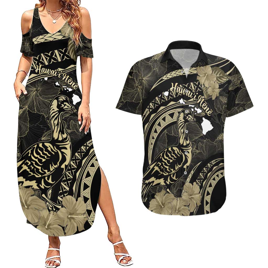 Personalised Hawaii Nene Goose Couples Matching Summer Maxi Dress and Hawaiian Shirt Hawaiian Map Hibiscus Polynesian Art - Beige LT14 Beige - Polynesian Pride