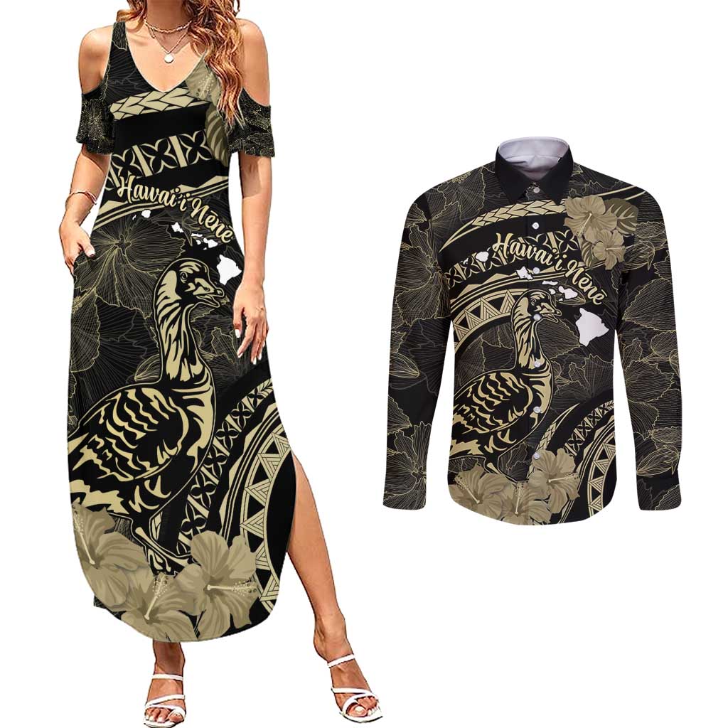 Personalised Hawaii Nene Goose Couples Matching Summer Maxi Dress and Long Sleeve Button Shirt Hawaiian Map Hibiscus Polynesian Art - Beige LT14 Beige - Polynesian Pride