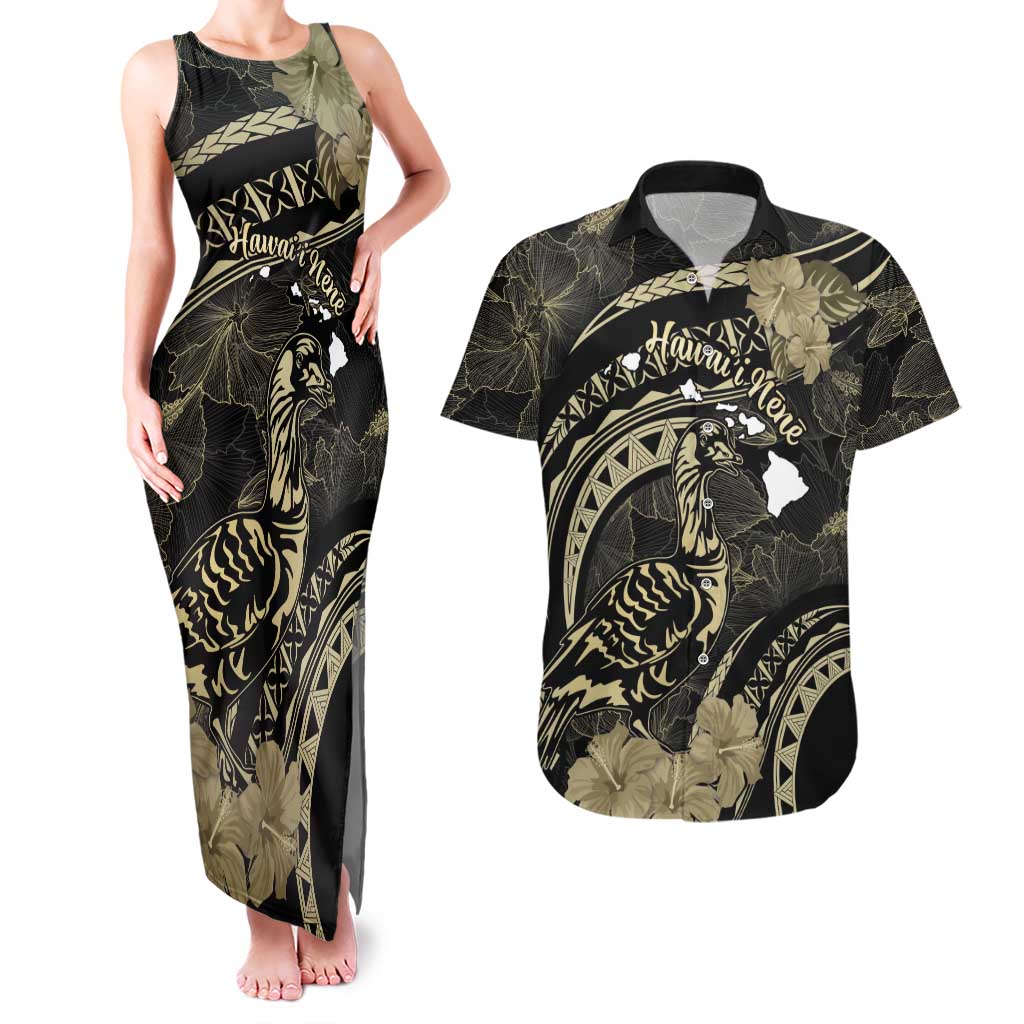 Personalised Hawaii Nene Goose Couples Matching Tank Maxi Dress and Hawaiian Shirt Hawaiian Map Hibiscus Polynesian Art - Beige LT14 Beige - Polynesian Pride