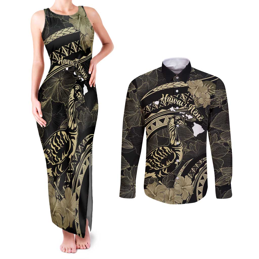 Personalised Hawaii Nene Goose Couples Matching Tank Maxi Dress and Long Sleeve Button Shirt Hawaiian Map Hibiscus Polynesian Art - Beige LT14 Beige - Polynesian Pride