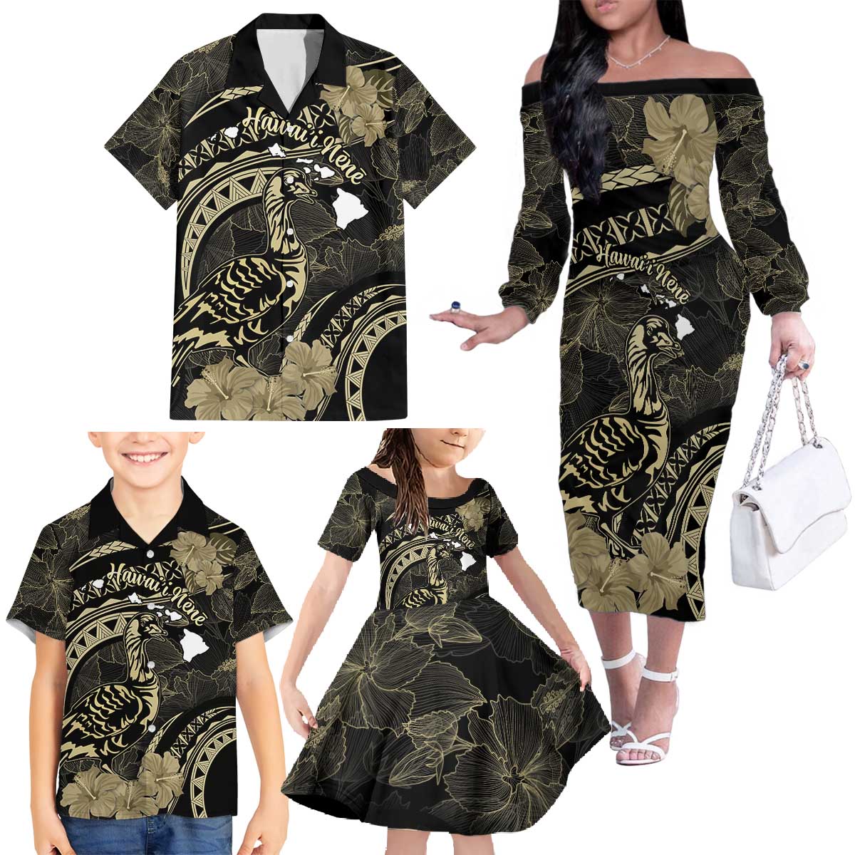 Personalised Hawaii Nene Goose Family Matching Off The Shoulder Long Sleeve Dress and Hawaiian Shirt Hawaiian Map Hibiscus Polynesian Art - Beige LT14 - Polynesian Pride