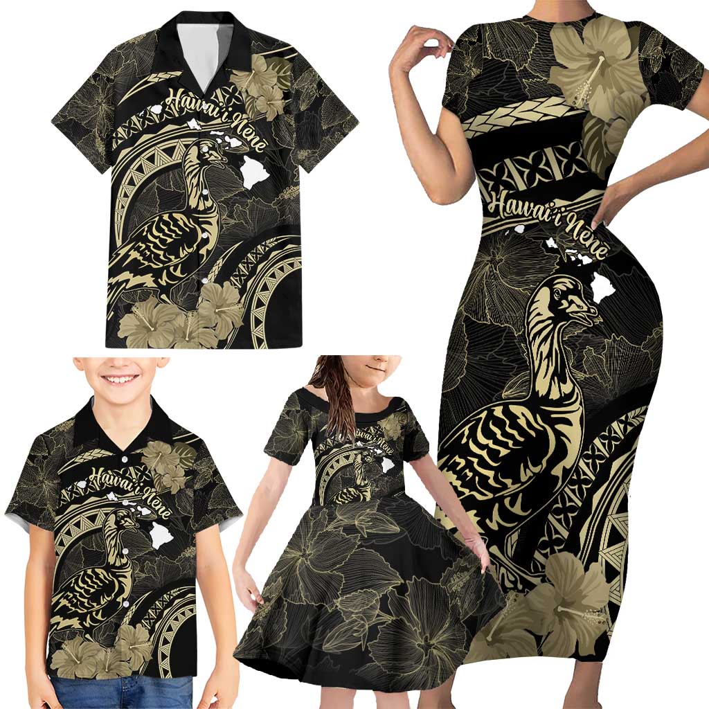Personalised Hawaii Nene Goose Family Matching Short Sleeve Bodycon Dress and Hawaiian Shirt Hawaiian Map Hibiscus Polynesian Art - Beige LT14 - Polynesian Pride