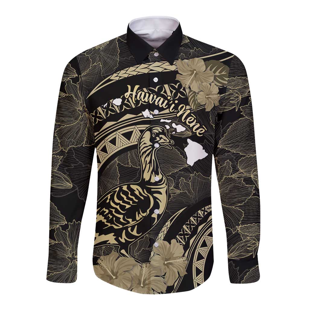 Personalised Hawaii Nene Goose Long Sleeve Button Shirt Hawaiian Map Hibiscus Polynesian Art - Beige LT14 Unisex Beige - Polynesian Pride