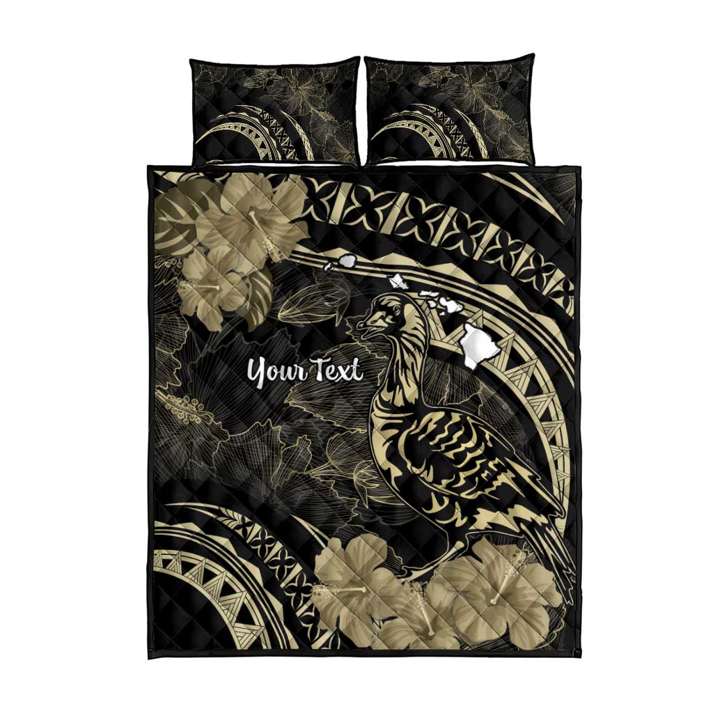 Personalised Hawaii Nene Goose Quilt Bed Set Hawaiian Map Hibiscus Polynesian Art - Beige