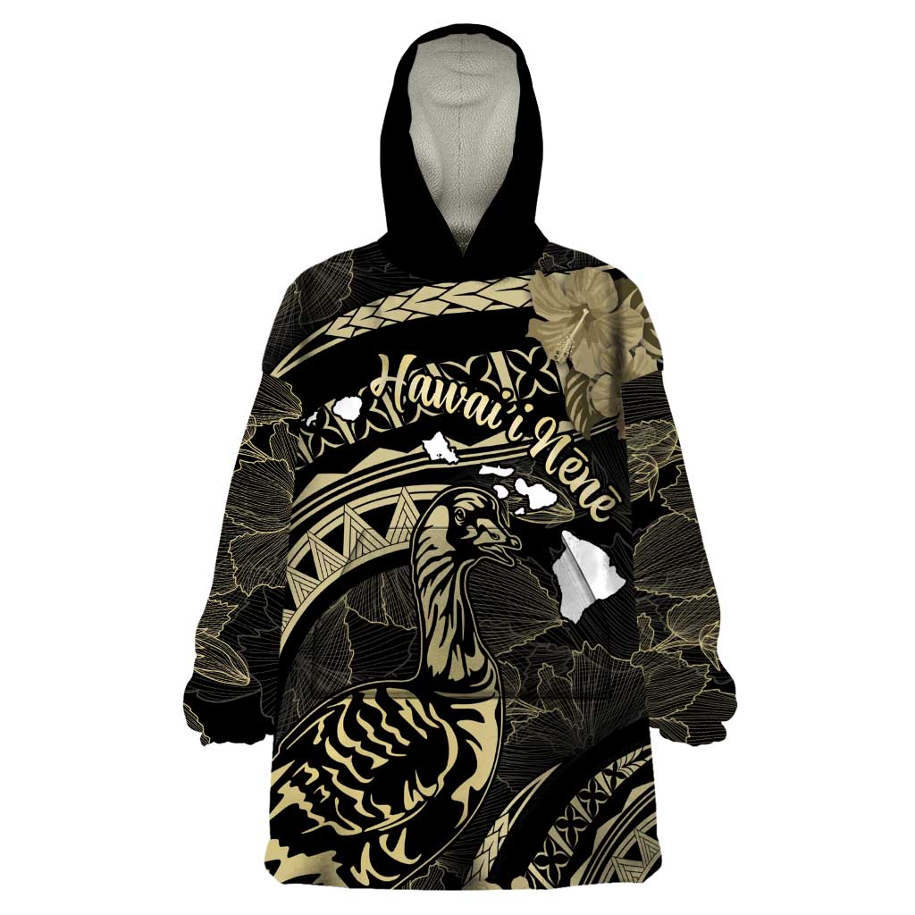 Personalised Hawaii Nene Goose Wearable Blanket Hoodie Hawaiian Map Hibiscus Polynesian Art - Beige LT14 One Size Beige - Polynesian Pride