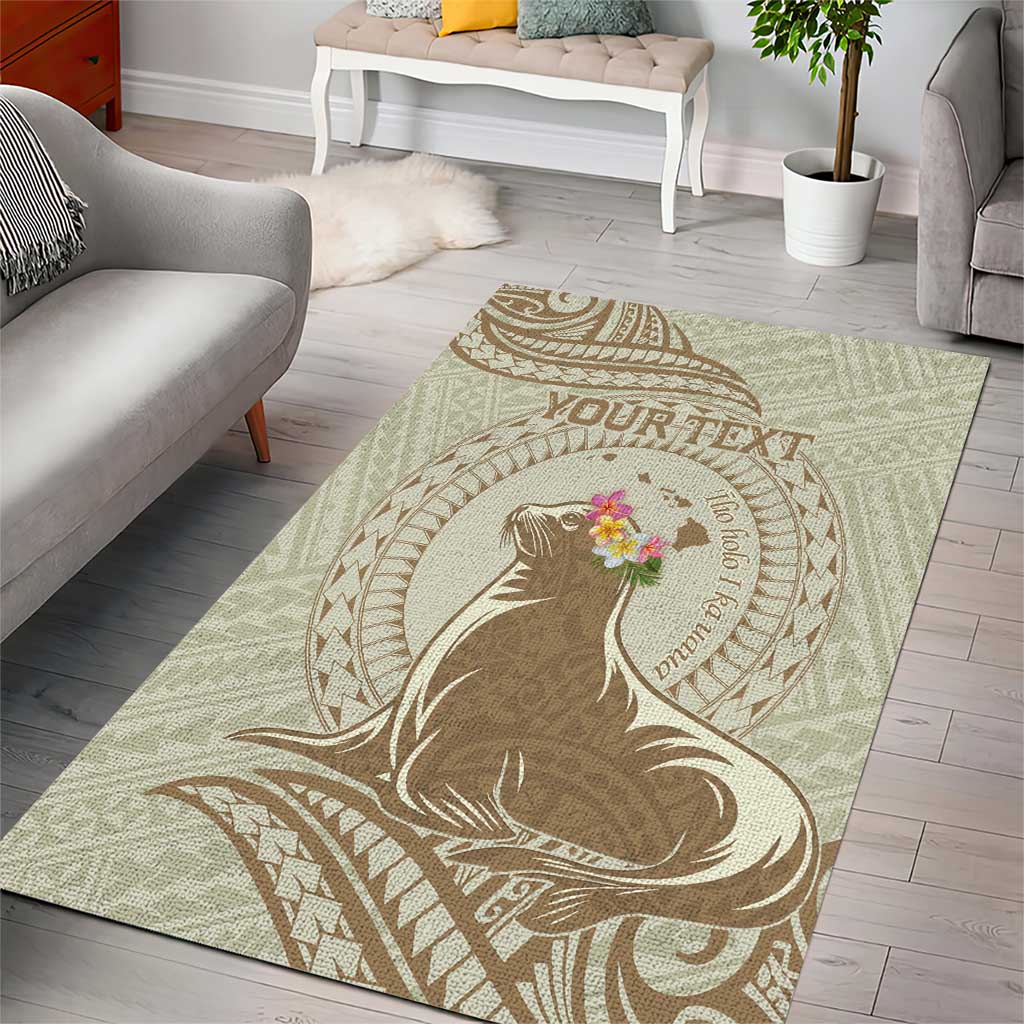 Personalised Hawaii Monk Seal Area Rug Polynesian Tattoo With Tropical Flowers - Beige Pastel