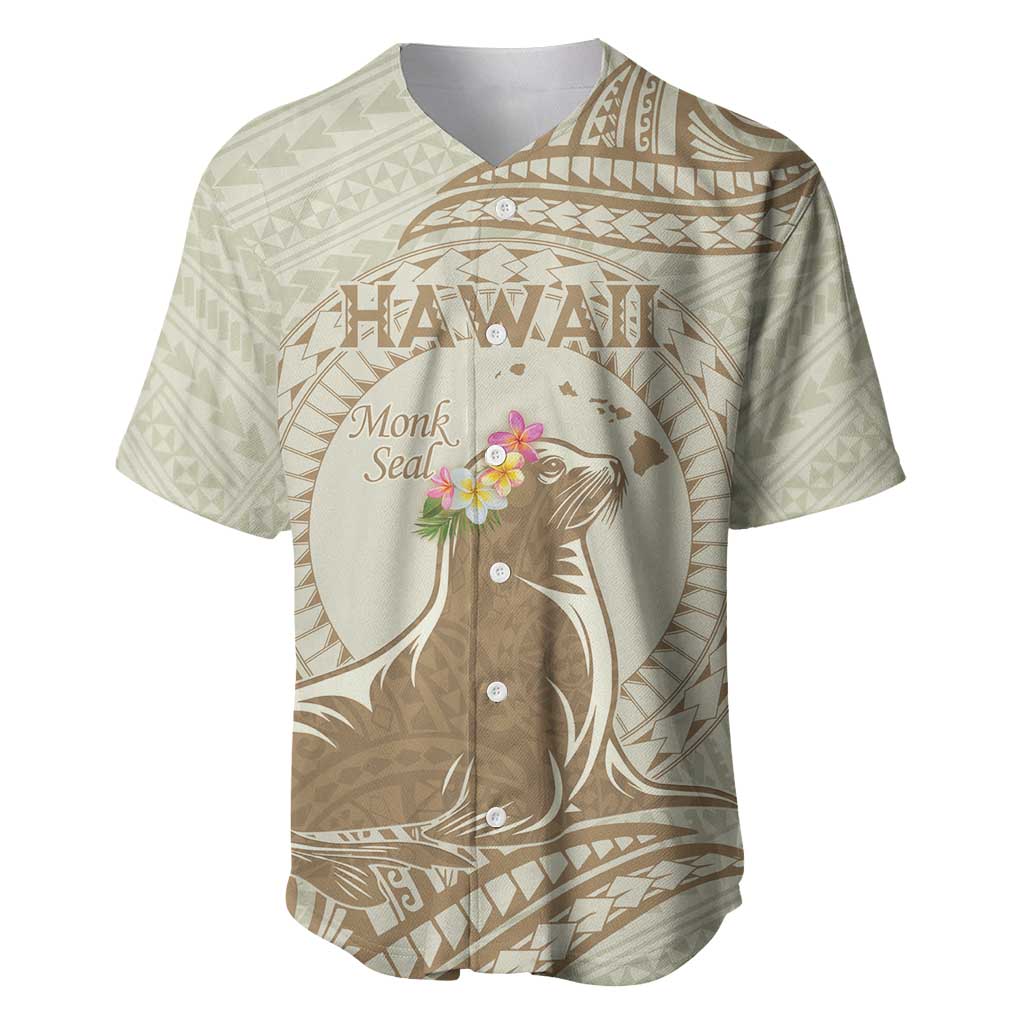 Personalised Hawaii Monk Seal Baseball Jersey Polynesian Tattoo With Tropical Flowers - Beige Pastel LT14 Beige - Polynesian Pride
