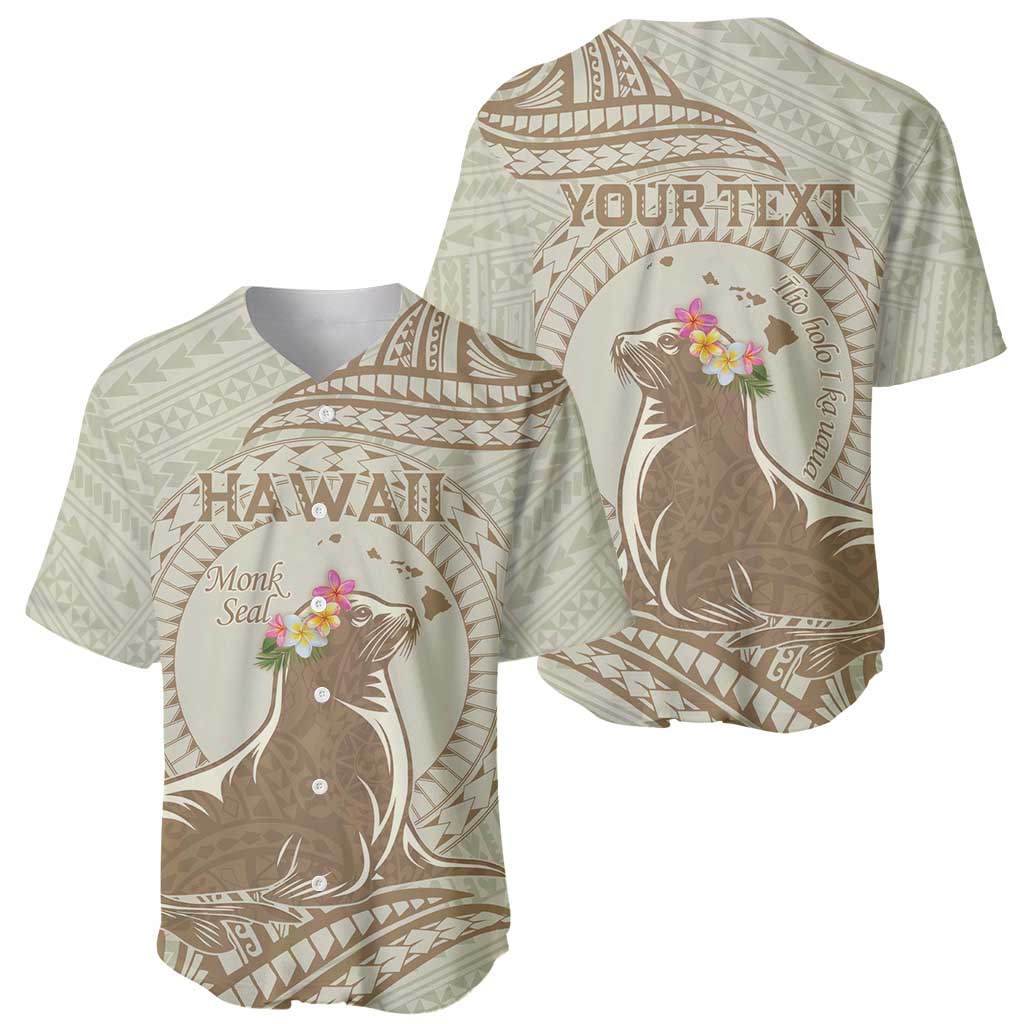 Personalised Hawaii Monk Seal Baseball Jersey Polynesian Tattoo With Tropical Flowers - Beige Pastel LT14 - Polynesian Pride