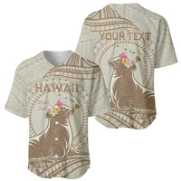 Personalised Hawaii Monk Seal Baseball Jersey Polynesian Tattoo With Tropical Flowers - Beige Pastel LT14 - Polynesian Pride