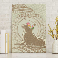 Personalised Hawaii Monk Seal Canvas Wall Art Polynesian Tattoo With Tropical Flowers - Beige Pastel