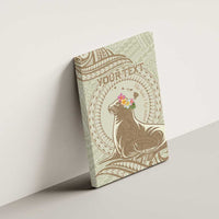 Personalised Hawaii Monk Seal Canvas Wall Art Polynesian Tattoo With Tropical Flowers - Beige Pastel