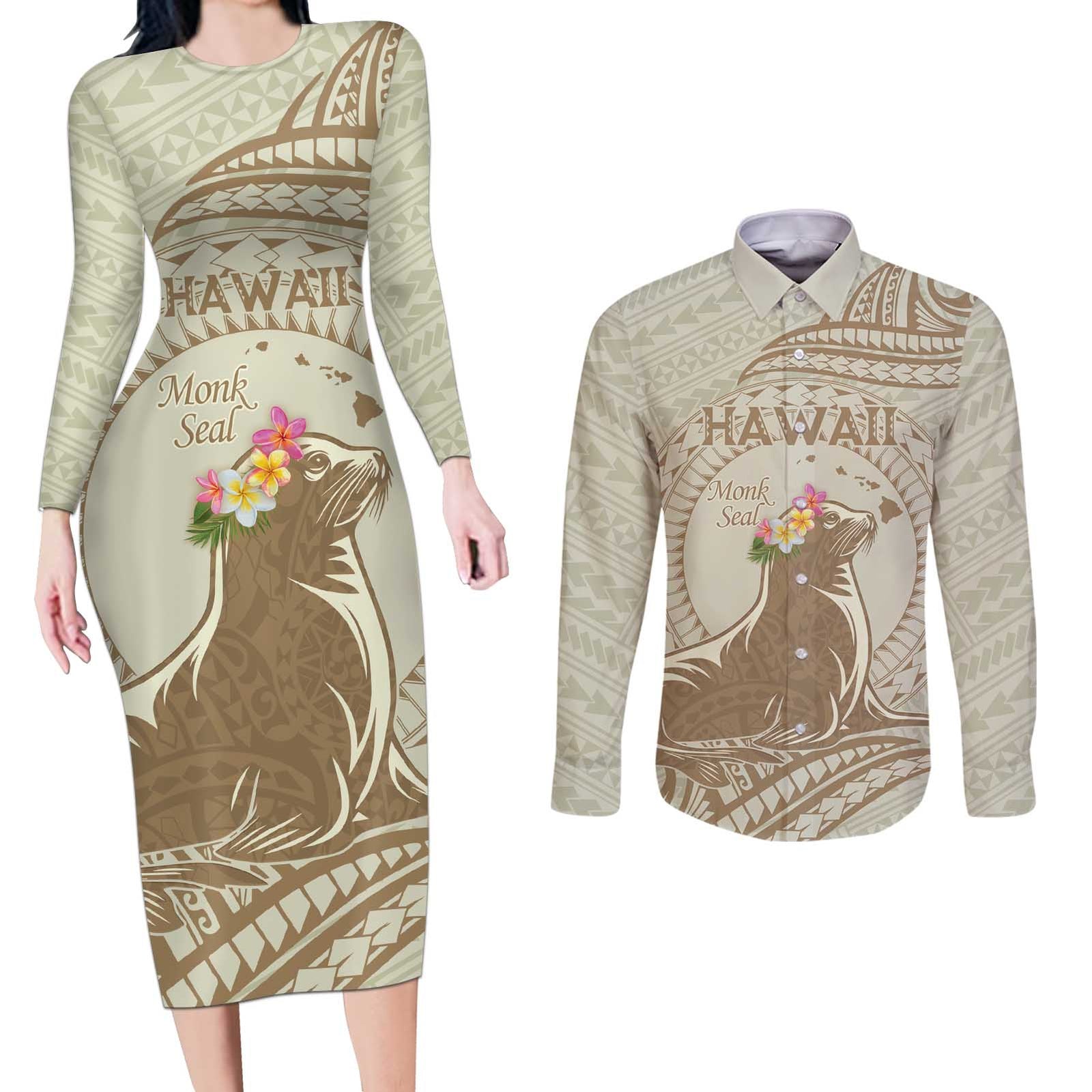 Personalised Hawaii Monk Seal Couples Matching Long Sleeve Bodycon Dress and Long Sleeve Button Shirt Polynesian Tattoo With Tropical Flowers - Beige Pastel LT14 Beige - Polynesian Pride