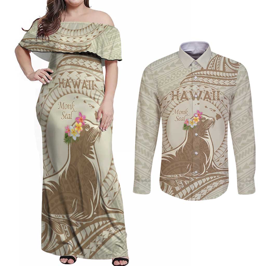 Personalised Hawaii Monk Seal Couples Matching Off Shoulder Maxi Dress and Long Sleeve Button Shirt Polynesian Tattoo With Tropical Flowers - Beige Pastel LT14 Beige - Polynesian Pride