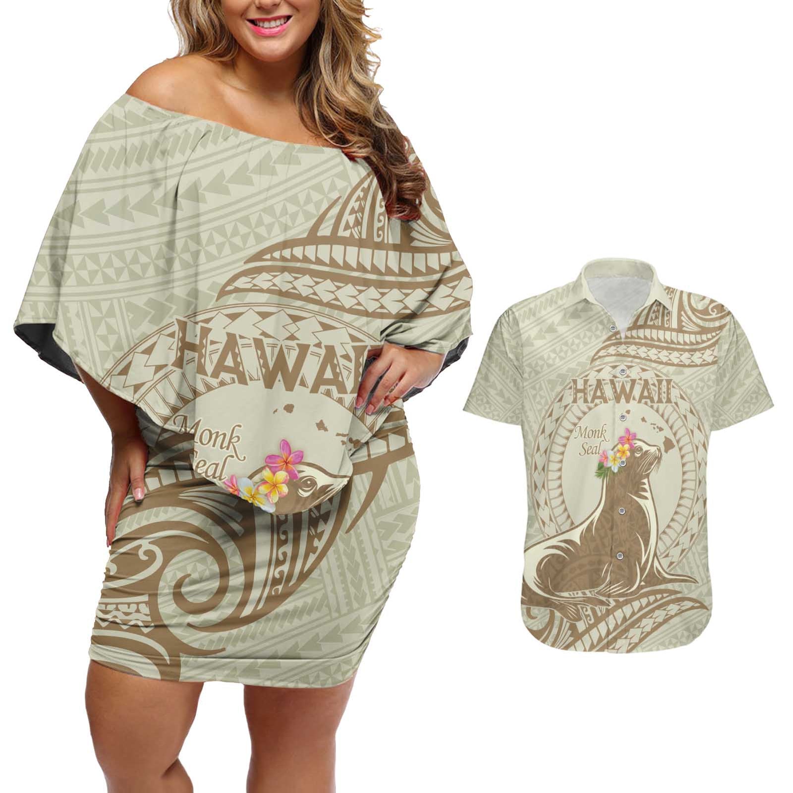 Personalised Hawaii Monk Seal Couples Matching Off Shoulder Short Dress and Hawaiian Shirt Polynesian Tattoo With Tropical Flowers - Beige Pastel LT14 Beige - Polynesian Pride