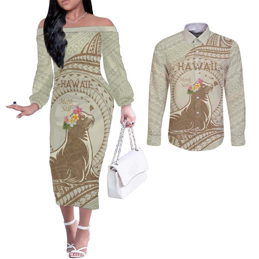 Personalised Hawaii Monk Seal Couples Matching Off The Shoulder Long Sleeve Dress and Long Sleeve Button Shirt Polynesian Tattoo With Tropical Flowers - Beige Pastel LT14 Beige - Polynesian Pride
