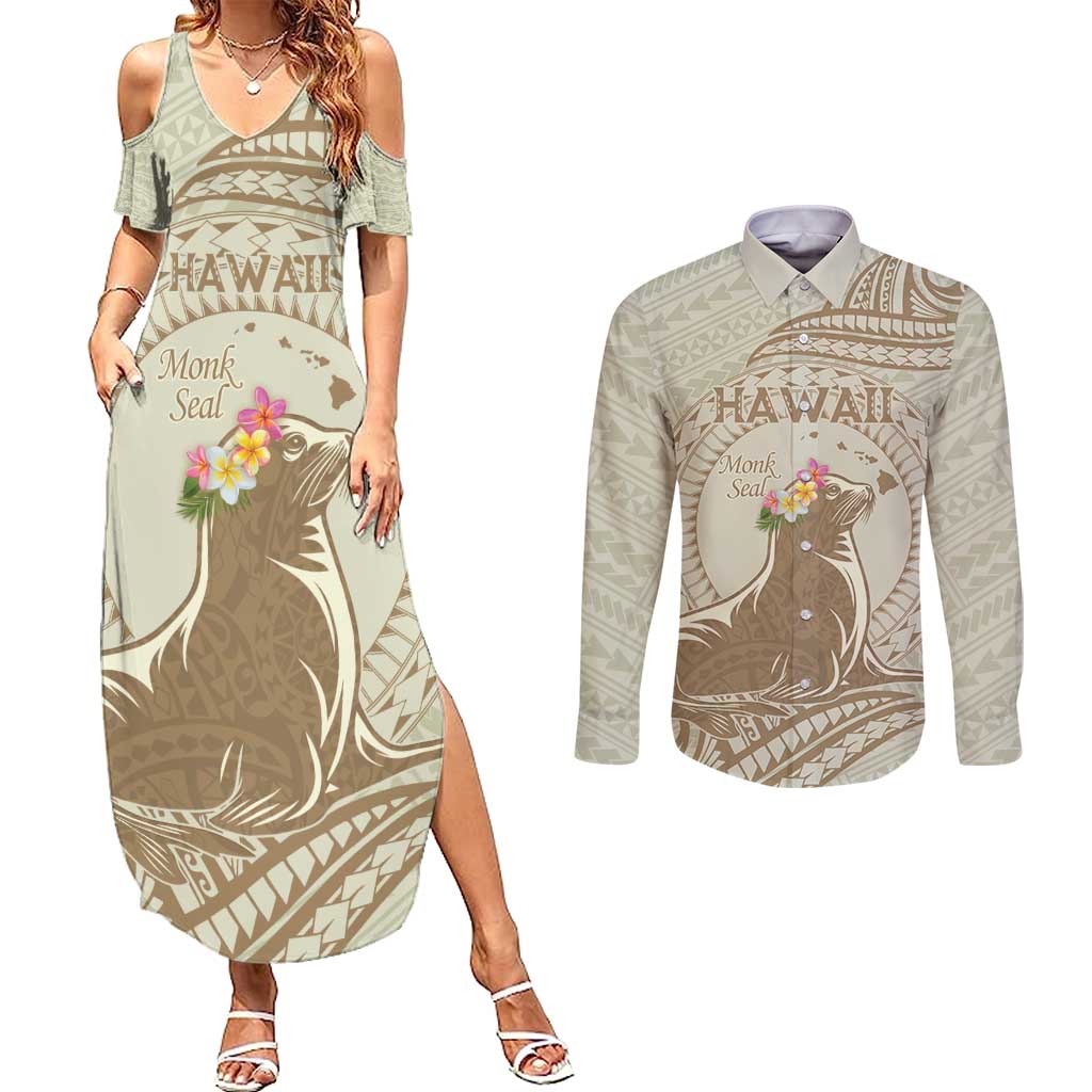 Personalised Hawaii Monk Seal Couples Matching Summer Maxi Dress and Long Sleeve Button Shirt Polynesian Tattoo With Tropical Flowers - Beige Pastel LT14 Beige - Polynesian Pride