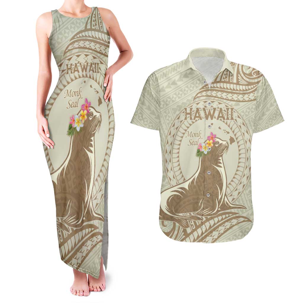 Personalised Hawaii Monk Seal Couples Matching Tank Maxi Dress and Hawaiian Shirt Polynesian Tattoo With Tropical Flowers - Beige Pastel LT14 Beige - Polynesian Pride