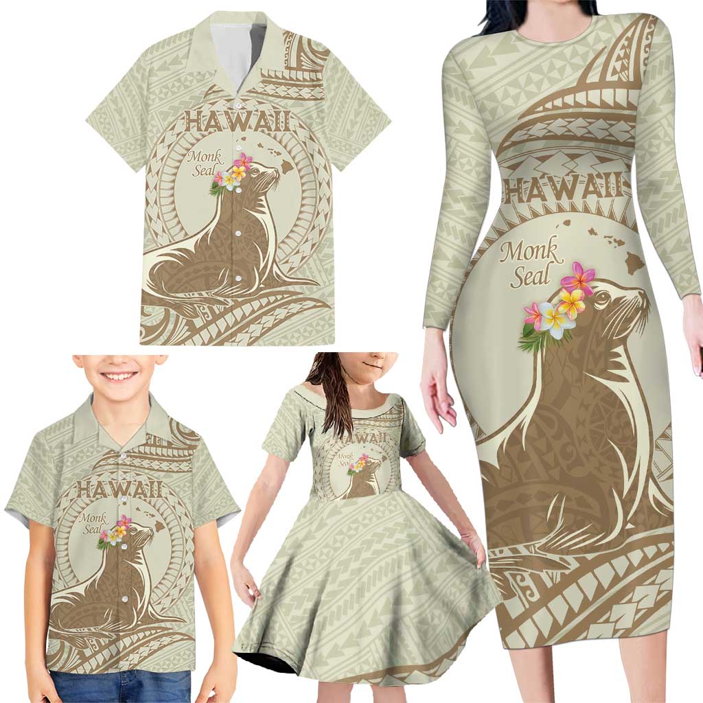Personalised Hawaii Monk Seal Family Matching Long Sleeve Bodycon Dress and Hawaiian Shirt Polynesian Tattoo With Tropical Flowers - Beige Pastel LT14 - Polynesian Pride