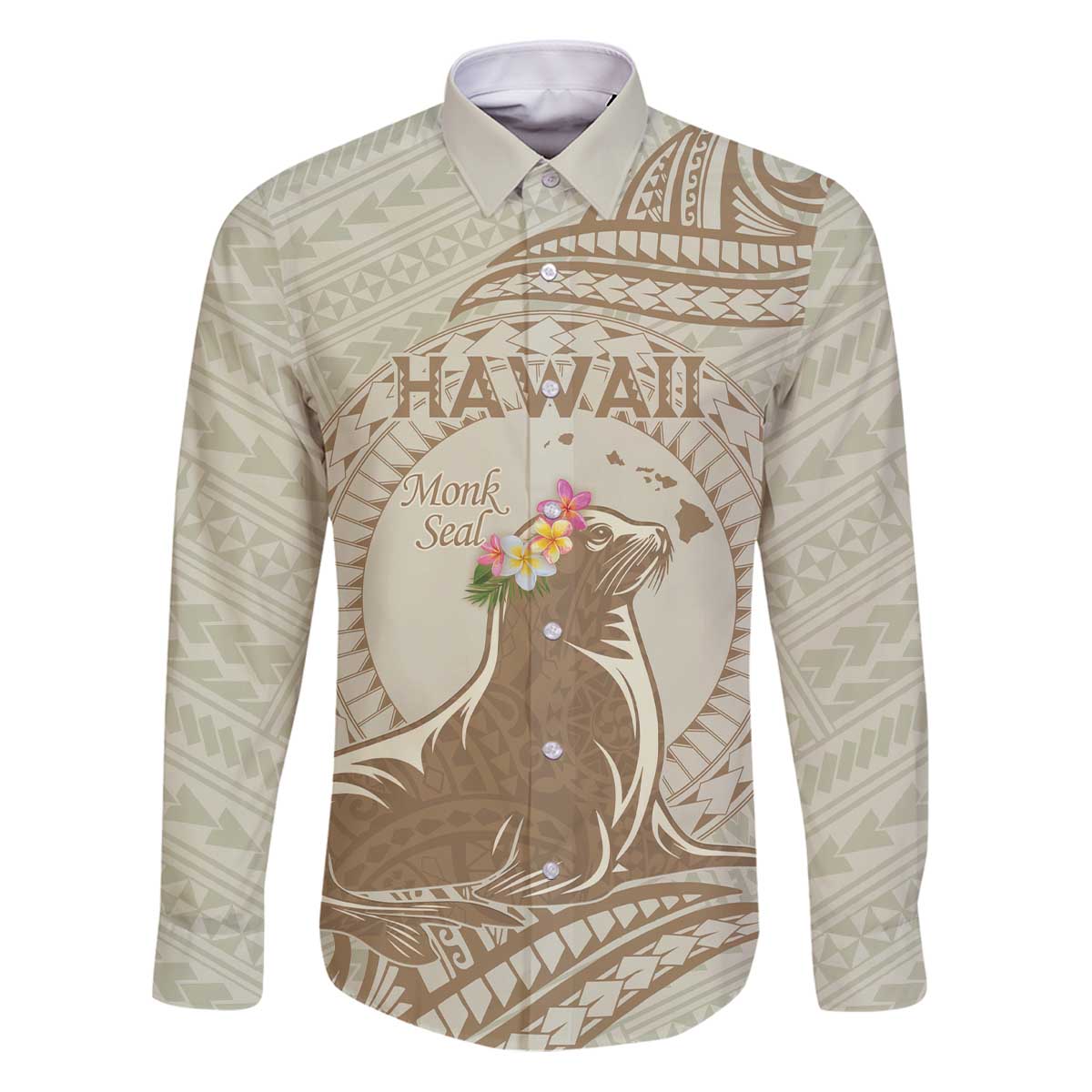 Personalised Hawaii Monk Seal Family Matching Puletasi and Hawaiian Shirt Polynesian Tattoo With Tropical Flowers - Beige Pastel