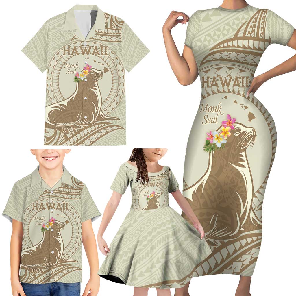 Personalised Hawaii Monk Seal Family Matching Short Sleeve Bodycon Dress and Hawaiian Shirt Polynesian Tattoo With Tropical Flowers - Beige Pastel LT14 - Polynesian Pride