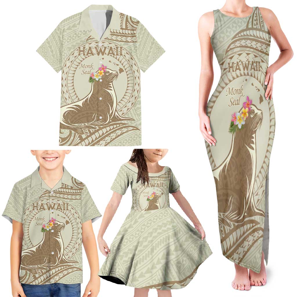 Personalised Hawaii Monk Seal Family Matching Tank Maxi Dress and Hawaiian Shirt Polynesian Tattoo With Tropical Flowers - Beige Pastel LT14 - Polynesian Pride