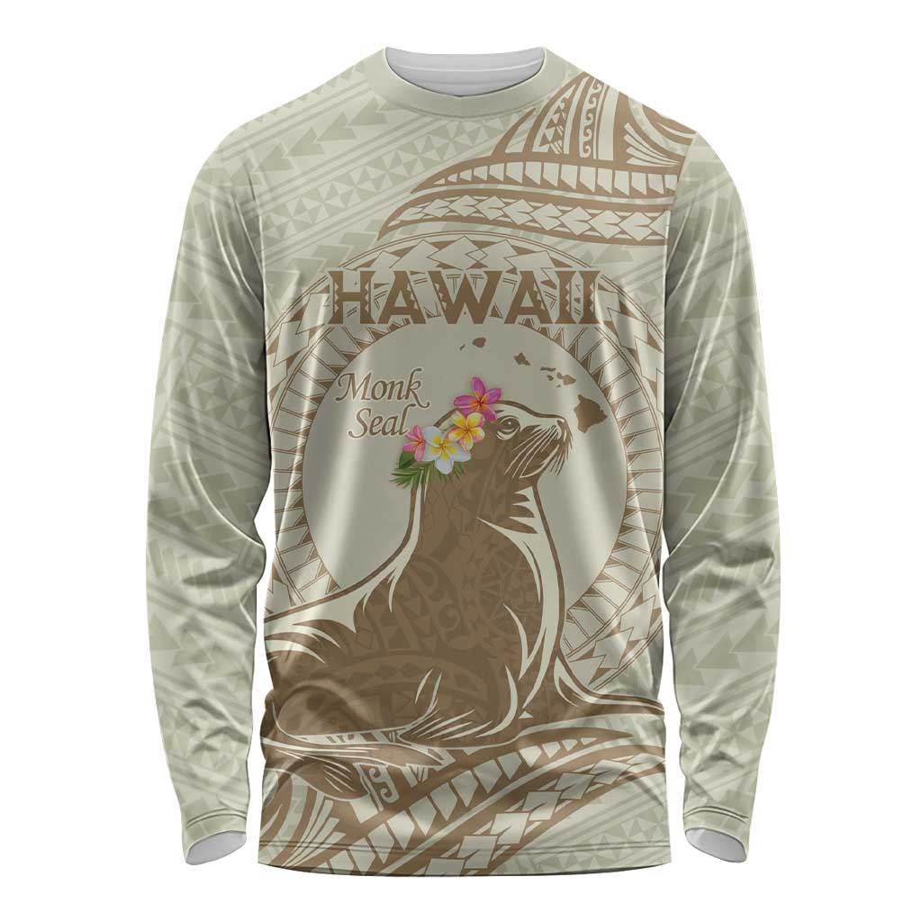 Personalised Hawaii Monk Seal Long Sleeve Shirt Polynesian Tattoo With Tropical Flowers - Beige Pastel LT14 Unisex Beige - Polynesian Pride