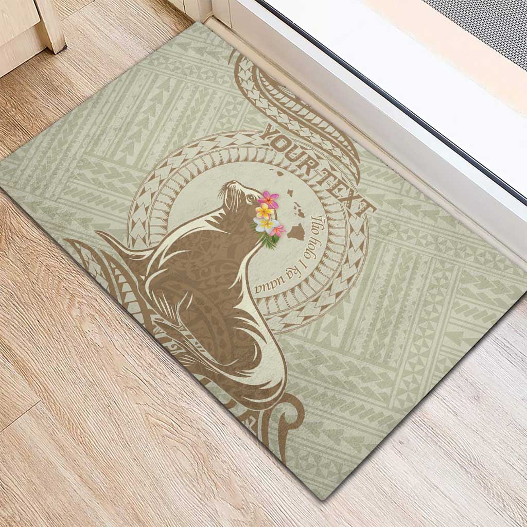 Personalised Hawaii Monk Seal Rubber Doormat Polynesian Tattoo With Tropical Flowers - Beige Pastel